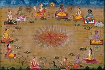 Thirteen different gods perform a yagna, a fire sacrifice, an old vedic ritual where offerings are made to the god of fire, Agni