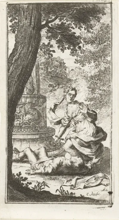 Thisbe doodt zichzelf met zwaard van Pyramus bij fontein