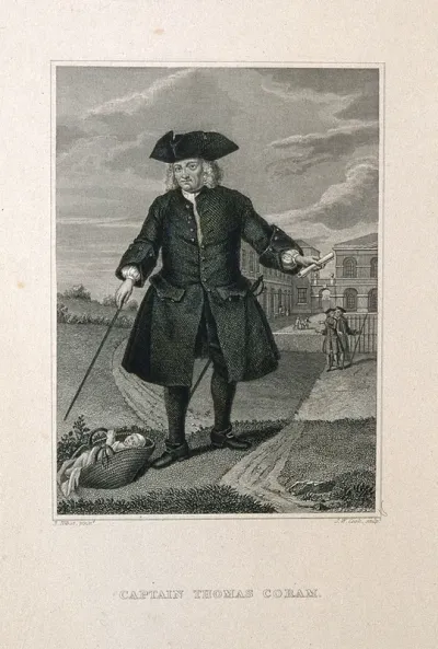 Thomas Coram, in the foreground an infant in a basket, in the background the Foundling Hospital