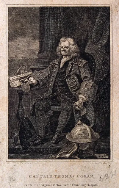 Thomas Coram, seated at his desk, with a globe on the floor