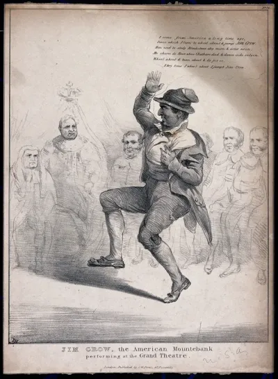 Thomas D. Rice performing the "Jump Jim Crow" song and dance in front of British members of the House of Lords. Lithograph by I.H