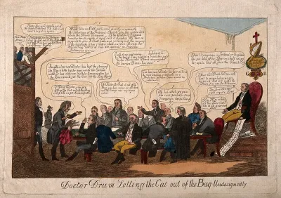 Thomas Dromgoole speaking at a meeting of the Catholic Board in Dublin; represented as Doctor Drum "letting the cat out of the bag"