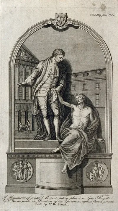 Thomas Guy. Line engraving by Cook, 1784, after F. Bartolozzi after J. Bacon, senior, 1779
