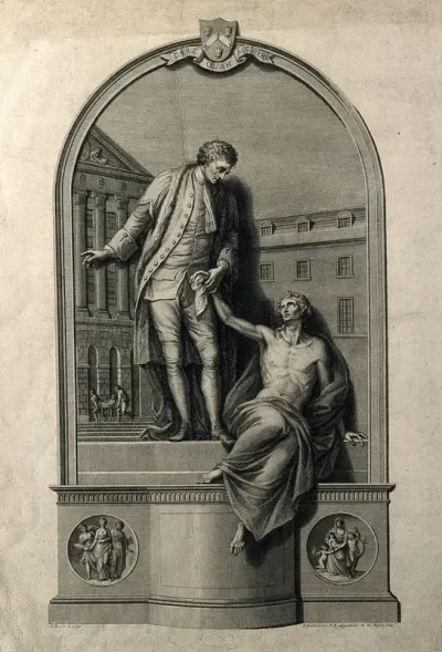 Thomas Guy. Line engraving by F. Bartolozzi after J. Bacon, senior, 1779