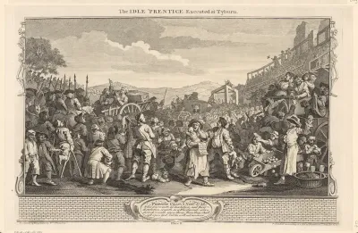 Thomas Idle wordt met zijn grafkist door een menigte richting de galgen bij Tyburn geleid
