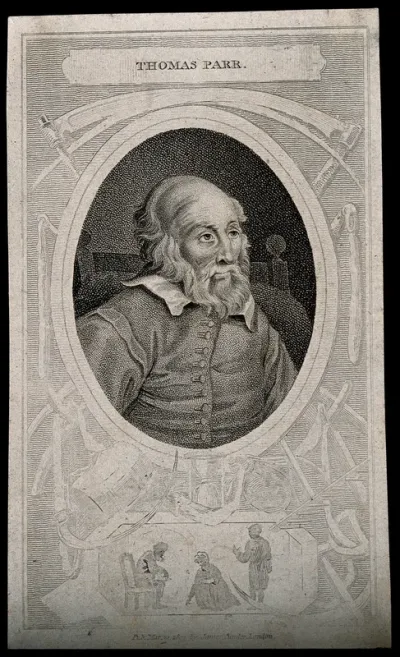 Thomas Parr, said to have died aged 152, with a border depicting three figures and various symbols relating to mortality