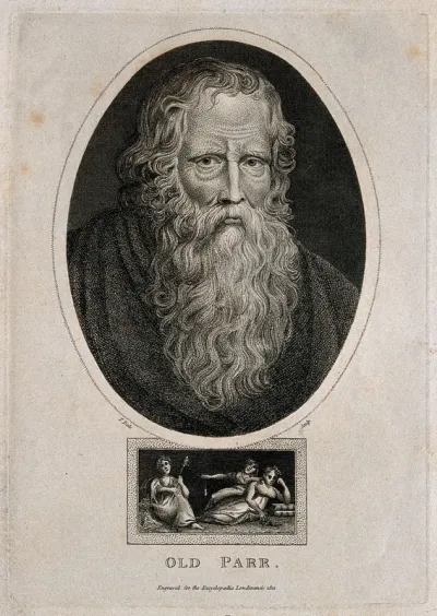 Thomas Parr, said to have lived 152 years, with the three fates