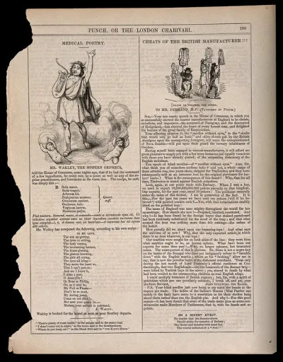 Thomas Wakley shown as Orpheus with his lyre, opposing the Literary Copyright Act of 1842 on the grounds that he could write poetry according to a recipe; and British tradesmen offering shoddy coats for sale