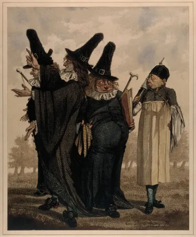 Three 17th-century physicians with an assistant who carries a large clyster