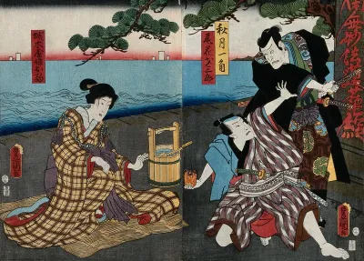 Three actors in a confrontation before a gravestone by the sea