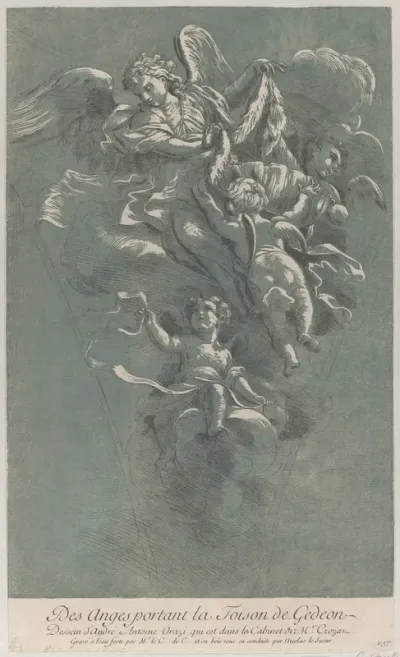 Three angels carrying Gideon's fleece; from 'Recueil d'estampes d'après les plus beaux tableaux et d'après les plus beaux desseins qui sont en France, Cabinet Crozat' after a drawing by Orazi