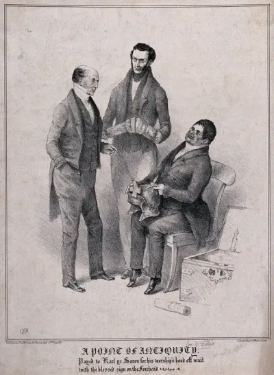 Three antiquarians discussing pieces of armour held by two of them