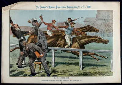 Three bookmakers (representing British politicians) are watching a horserace in which three horses are neck and neck