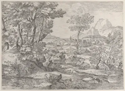 Three boys in a landscape with a town in the background
