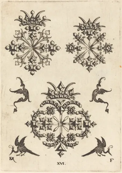 Three Brooches with Fantasy Birds at Left, Right, and Bottom