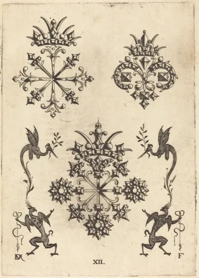 Three Brooches with Winged Snakes at Left  and Right and Winged Griffins at Bottom