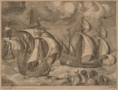 Three Caravels in a Rising Squall with Adrion on a Dolphin