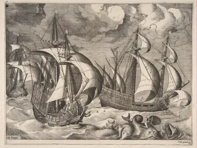 Three Caravels in a Rising Squall with Arion on a Dolphin from "The Sailing Vessels"