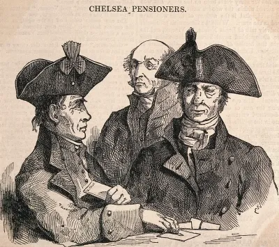 Three Chelsea Pensioners, two playing cards