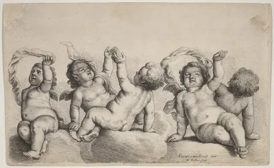 Three Cherubs and Two Boys Each Raising One Arm on Clouds