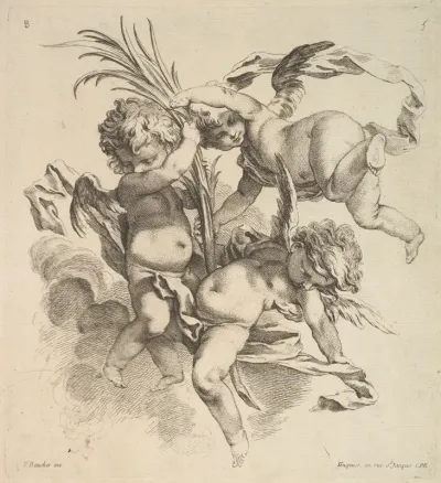 Three Children Among Clouds Near a Palm Leaf