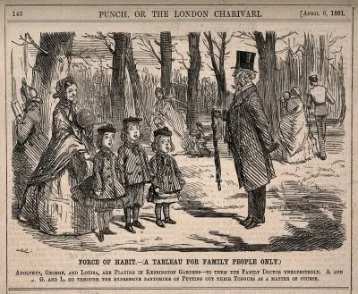 Three children automatically putting out their tongues for inspection upon meeting the family doctor in Kensington Gardens