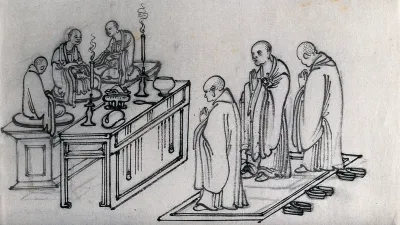 Three Chinese Buddhist priests worshipping at a shrine