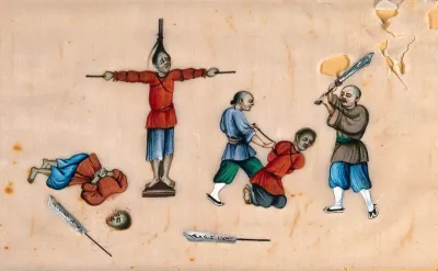 Three Chinese men being subjected to torture and execution: left, the body of a recently decapitated man, centre, a man tied to a cross, right, an executioner prepars to decapitate a kneeling man