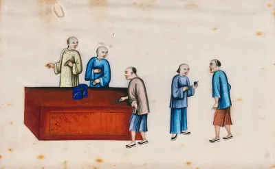 Three Chinese men buying goods (possibly tobacco?) from two men behind a shop counter