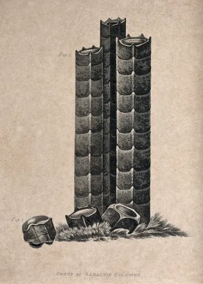 Three columns of basalt, with fragments