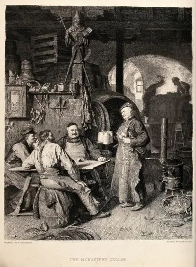 Three coopers working to repair barrels in a German monastery cellar are served with tankards of beer