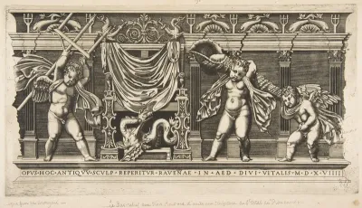 Three cupids in front of a facade with pilasters, one holding a trident and another a large shell