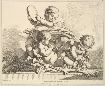Three Cupids, Two Playing Music, One Holding Palm Leaves