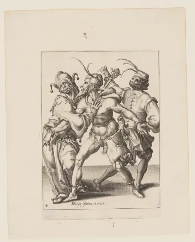 Three Dancing Mummers including a Jester, from The Masquerades