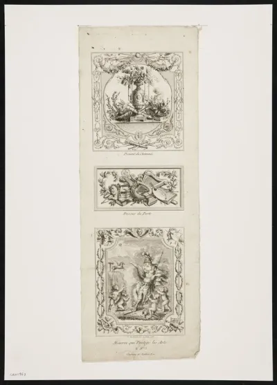 Three decorative wall panels: near the fireplace, near the door and a panel with Minerva protecting the arts