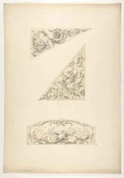 Three designs for painted decorative motifs featuring griffins and scrollwork
