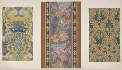 Three designs for wallpaper featuring strapwork, rinceaux, and fleurs-de-lis