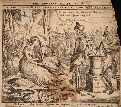 Three despairing women, one of whom looks disapprovingly at three quack medicine vendors concocting a mixture; representing Britain's economic depletion and distress at the hands of her politicians
