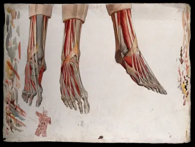 Three dissections of a foot, showing the muscles and tendons, with a marginal sketch of a man's head and torso being hanged by the neck