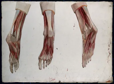Three dissections of the underside of a foot, showing the muscles and tendons, with a marginal sketch of a figure