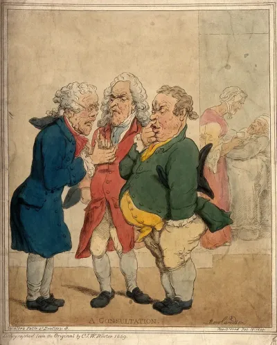 Three doctors in close discussion, their patient being nursed in the next room