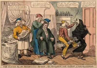Three doctors representing diet, cheerfulness and rest, defend their patient from death