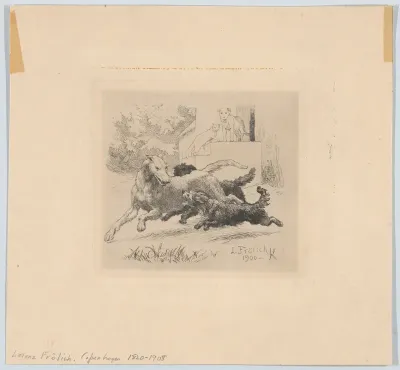 Three dogs playing at center, with a cat and a dog watching in the background