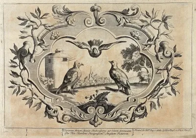 Three doves with a dovecote and church in the distance, all surrounded by bay tree branches entwined in an ornate border