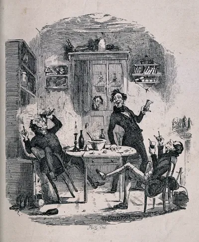 Three drunken men carousing round a kitchen table