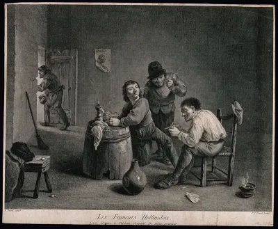 Three Dutch men drink and smoke round a barrel-table, behind man exits the room