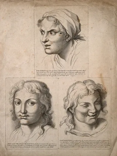 Three faces: expressing desire (top) and peaceful joy (bottom left), and laughing (bottom right)