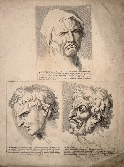 Three faces: weeping (top), expressing compassion (bottom left), and scorn (bottom right)