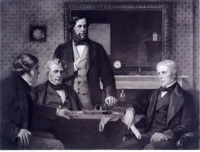 Three Fellows of the Royal Society offering the presidency of the Society to Michael Faraday in 1857