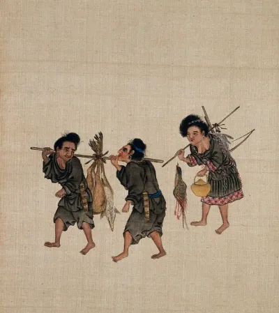 Three female hunters carrying dead animals and birds on poles on their shoulders